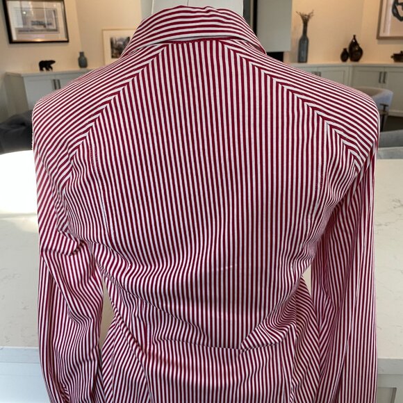 Desoto Eve Collared V Neck Striped Button Down Cotton Blouse Red Wht Sz 36 NWOT - Picture 6 of 15